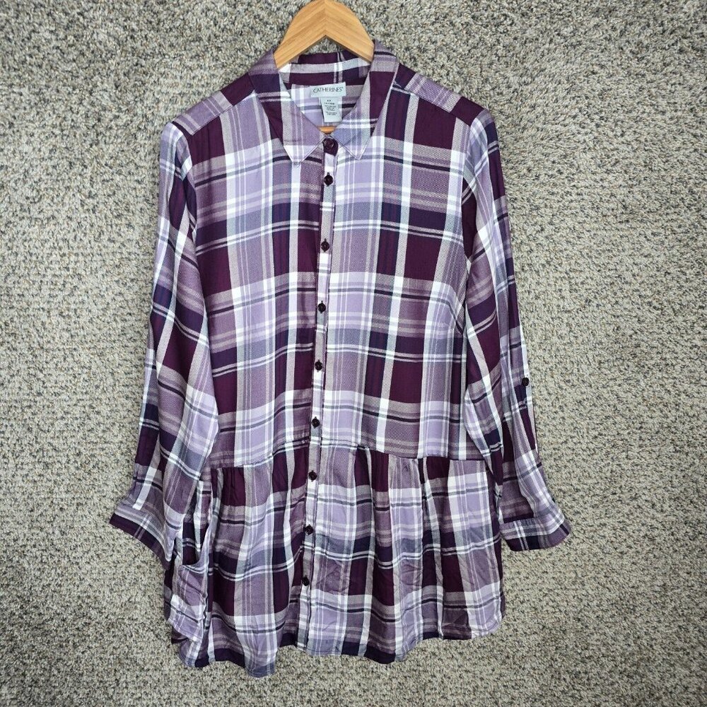 Catherines Top Womens Plus 0X 14/16W Purple Plaid Button Up Casual Ladies